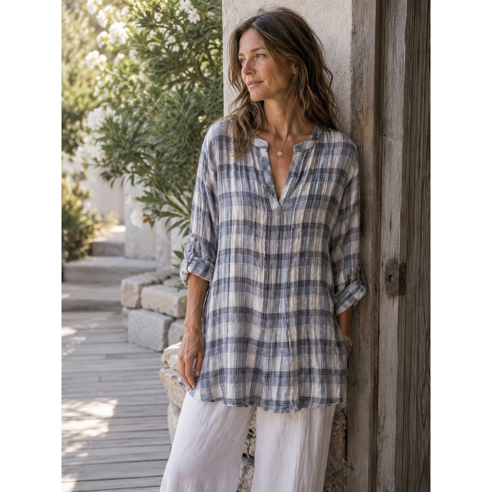 CP Shades Regina Linen Tunic Top Blue Grey Plaid Pintuck Roll Tab Sleeve- M
